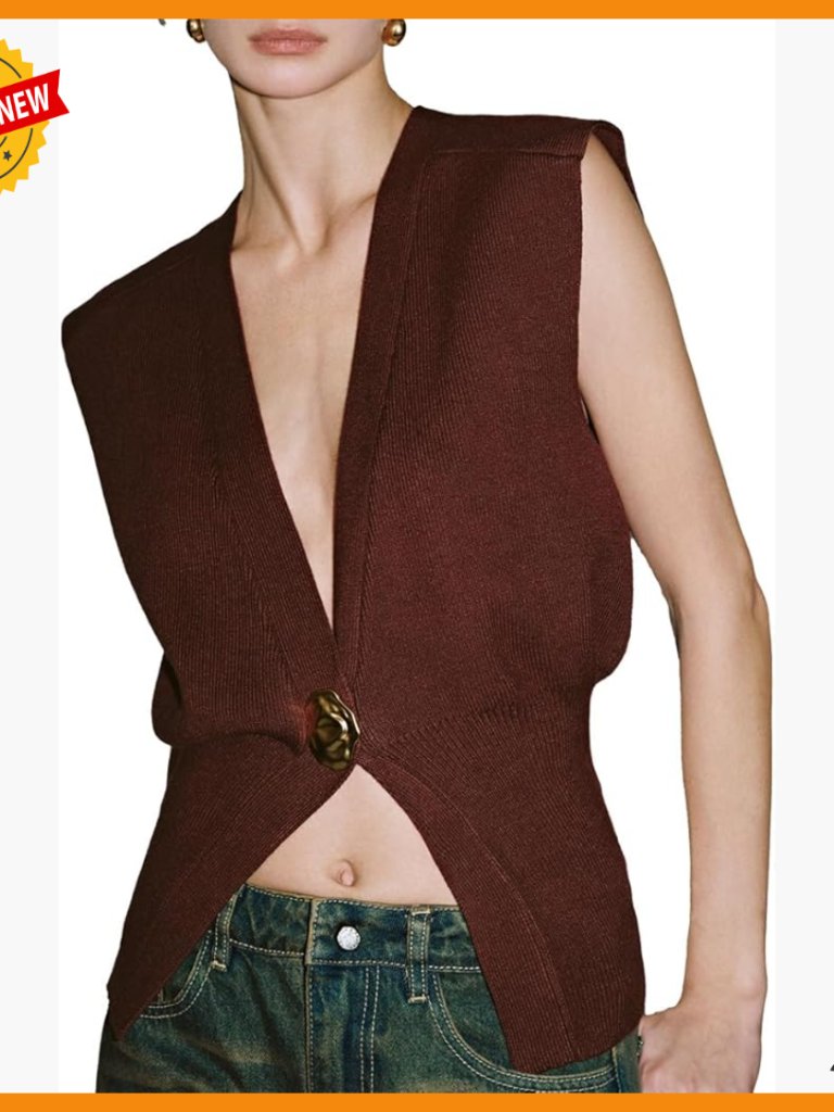 Sleeveless V-Neck Knit Vest With Gold Leaf Buttons, Lightweight Cardigan